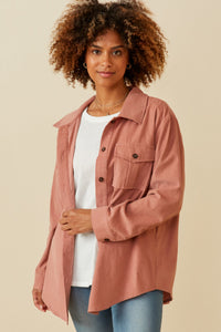 HY5449 Mauve Womens Corduroy Patch Pocket Button Up Shirt Front