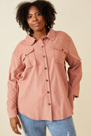 HY5449 MAUVE Womens Corduroy Patch Pocket Button Up Shirt Full Body