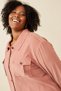 HY5449 Mauve Womens Corduroy Patch Pocket Button Up Shirt Gif