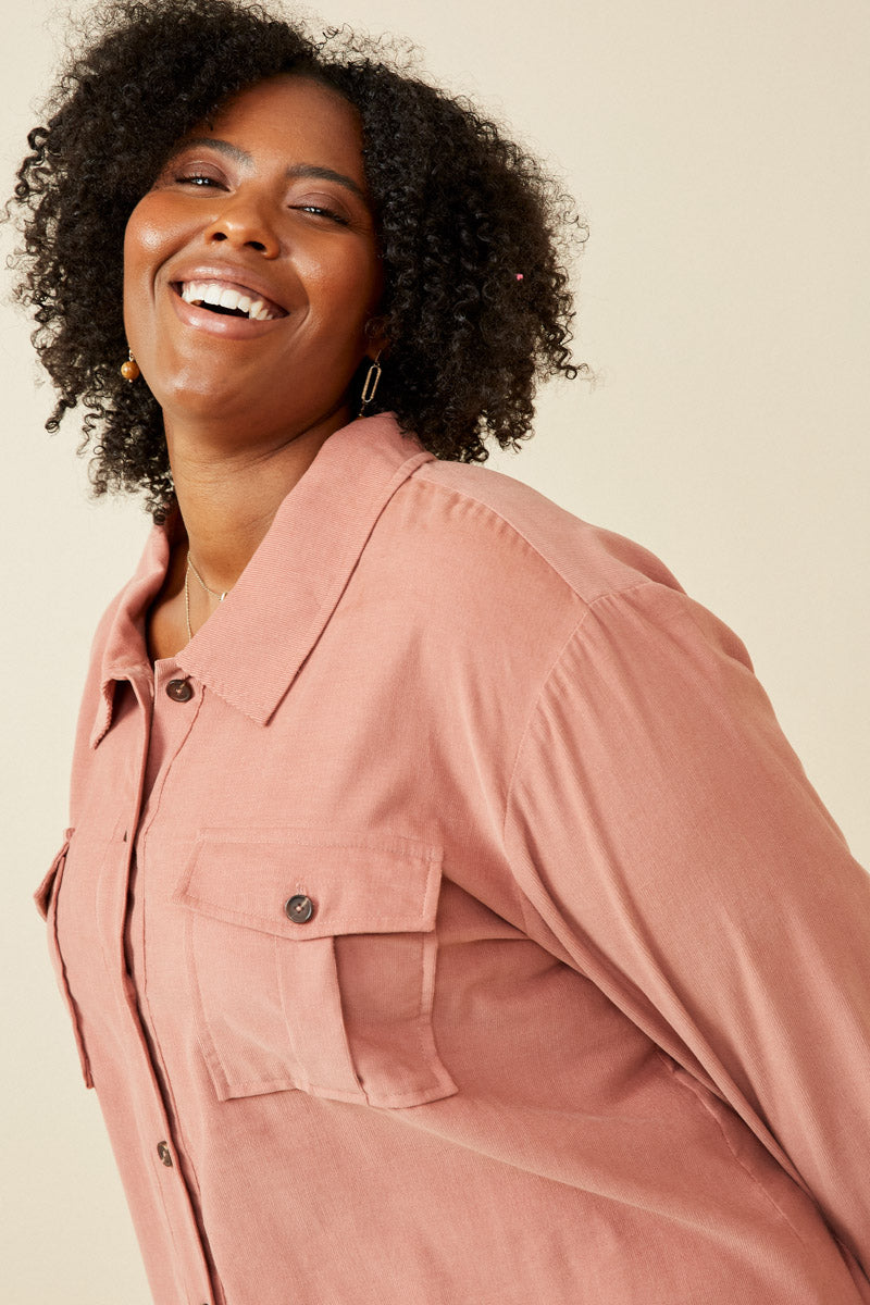 HY5449 Mauve Womens Corduroy Patch Pocket Button Up Shirt Gif