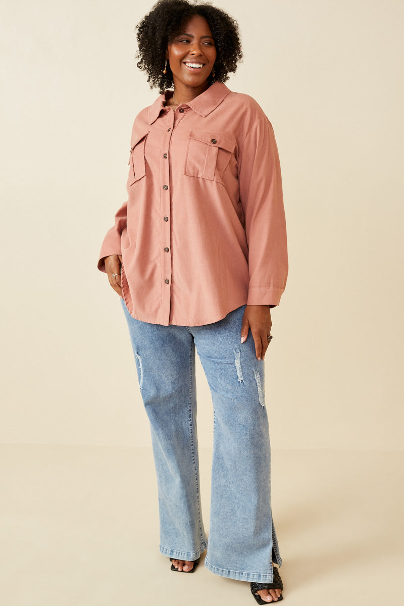 HY5449 Mauve Womens Corduroy Patch Pocket Button Up Shirt Back