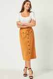 HY5456 TAN Womens Corduroy Patch Pocket Button Detail Skirt Full Body