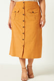 HY5456 TAN Womens Corduroy Patch Pocket Button Detail Skirt Front