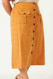HY5456 TAN Womens Corduroy Patch Pocket Button Detail Skirt Side