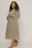 HY5475W OLIVE Plus Button Up Pleated Skirt Collared Dress Full Body