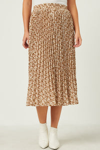 HY5493W Mauve Plus Elastic Waist Pleated Ditsy Floral Midi Skirt Front