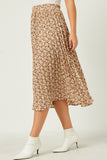 HY5493W Mauve Plus Elastic Waist Pleated Ditsy Floral Midi Skirt Side