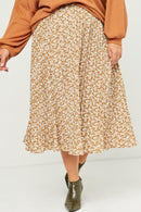 HY5493 MAUVE Womens Elastic Waist Pleated Ditsy Floral Midi Skirt Front