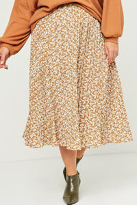 HY5493 MAUVE Womens Elastic Waist Pleated Ditsy Floral Midi Skirt Front