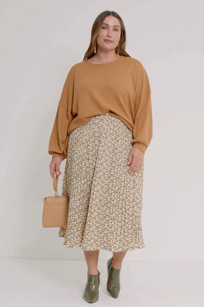 Elastic Waist Pleated Ditsy Floral Midi Skirt