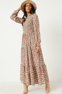 HY5496 BROWN Womens Cinched Cuff Floral Print Smocked Dress Full Body