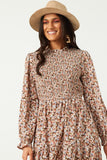 HY5496W Taupe Plus Cinched Cuff Floral Print Smocked Dress Pose