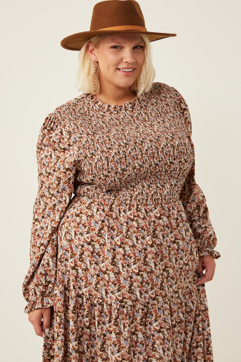 Cinched Cuff Floral Print Smocked Dress