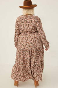 HY5496 BROWN Womens Cinched Cuff Floral Print Smocked Dress Side