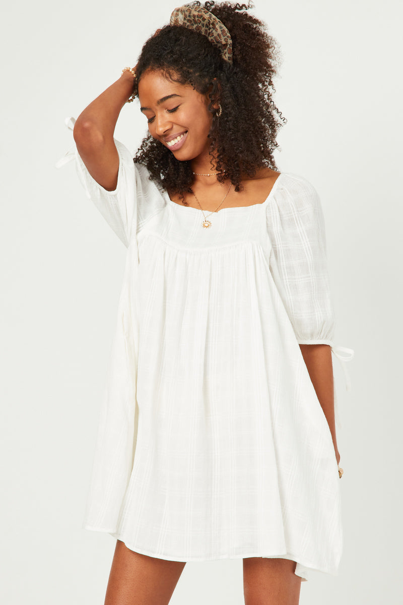 Textured Solid Checkered Tie Sleeve Square Neck Dress