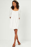 HY5525 Off White Womens Textured Solid Checkered Tie Sleeve Square Neck Dress Full Body
