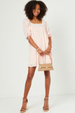 HY5525 Pink Womens Textured Solid Checkered Tie Sleeve Square Neck Dress Gif