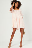 HY5525W Pink Plus Textured Solid Checkered Tie Sleeve Square Neck Dress Front