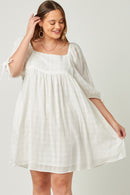 HY5525 Off White Womens Textured Solid Checkered Tie Sleeve Square Neck Dress Front