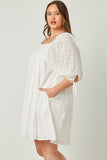 HY5525W OFF WHITE Plus Textured Solid Checkered Tie Sleeve Square Neck Dress Side