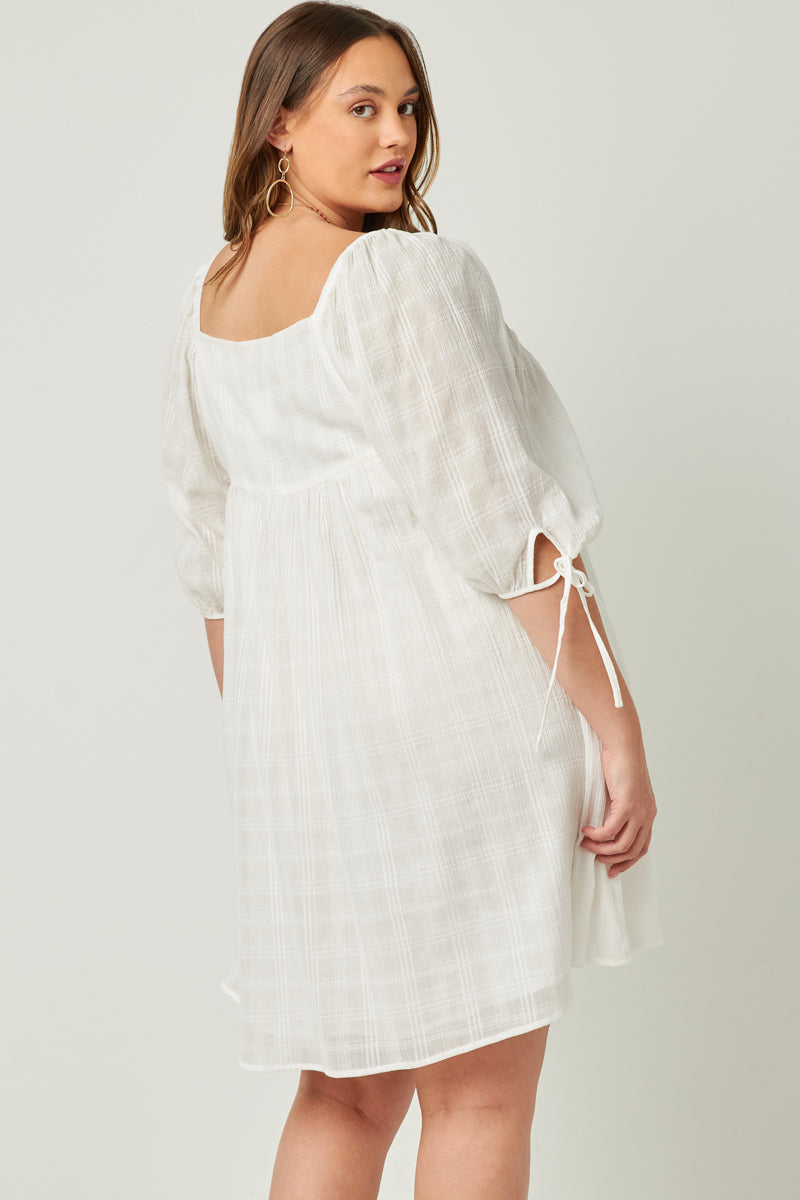 HY5525 Pink Womens Textured Solid Checkered Tie Sleeve Square Neck Dress Full Body