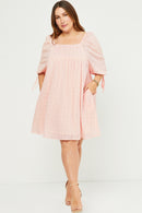HY5525W Pink Plus Textured Solid Checkered Tie Sleeve Square Neck Dress Full Body