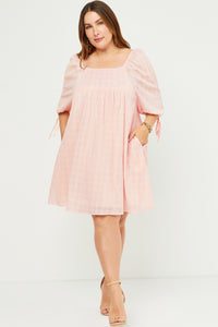 HY5525W Pink Plus Textured Solid Checkered Tie Sleeve Square Neck Dress Full Body
