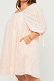 HY5525W Pink Plus Textured Solid Checkered Tie Sleeve Square Neck Dress Detail
