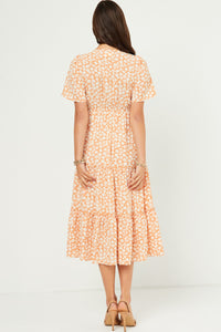 HY5527W DUSTY BLUE Plus Floral Print Smocked V Neck Tiered Dress Back