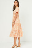 HY5527 Apricot Womens Floral Print Smocked V Neck Tiered Dress Full Body