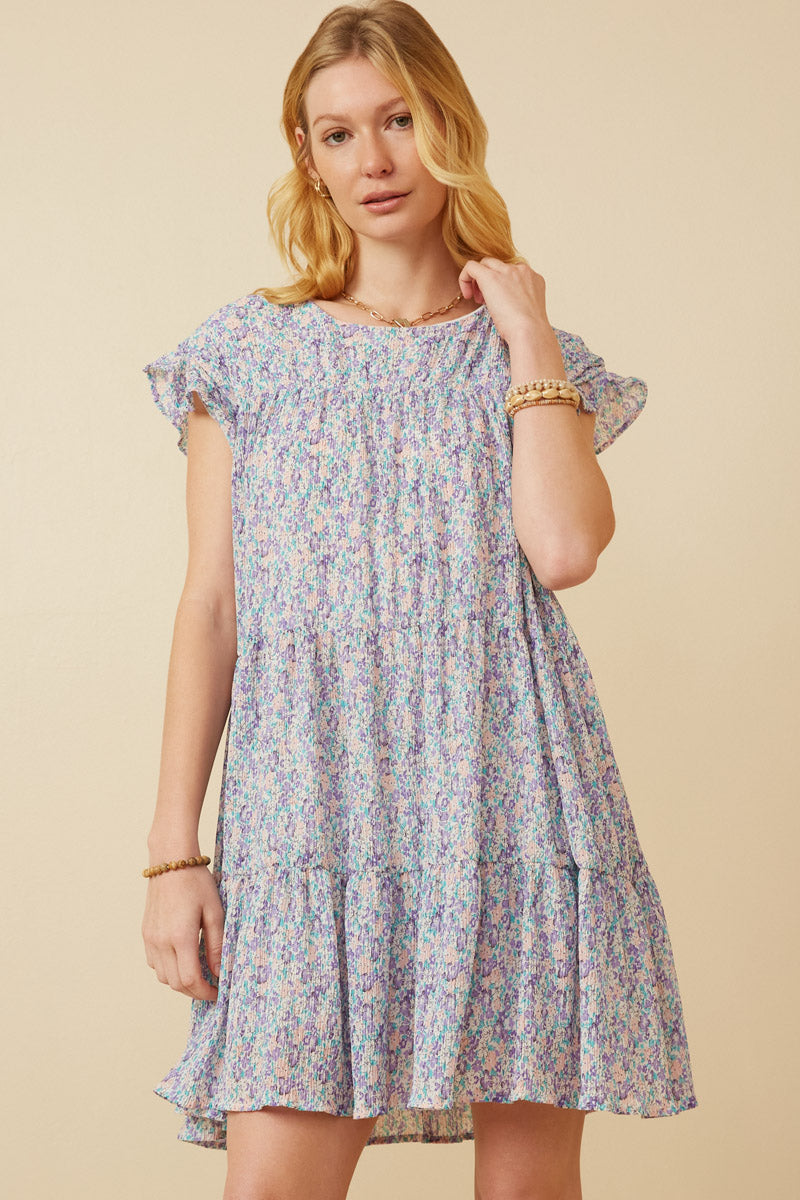 Crinkle Pleated Floral Ruffle Shoulder Dress