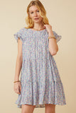 HY5528W Lavender Plus Crinkle Pleated Floral Ruffle Shoulder Dress Full Body