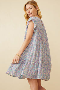 HY5528 Lavender Womens Crinkle Pleated Floral Ruffle Shoulder Dress Detail