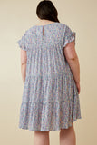 HY5528W Lavender Plus Crinkle Pleated Floral Ruffle Shoulder Dress Side
