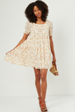 HY5542 Ivory Womens Pleated Floral Print Square Neck Tiered Dress Full Body