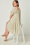HY5542 Mint Womens Pleated Floral Print Square Neck Tiered Dress Full Body