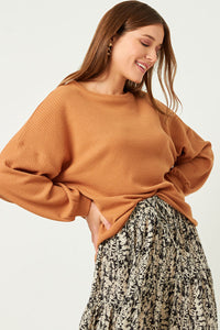 HY5549 BROWN Womens Solid Waffle Knit Textured Slouchy Top Side