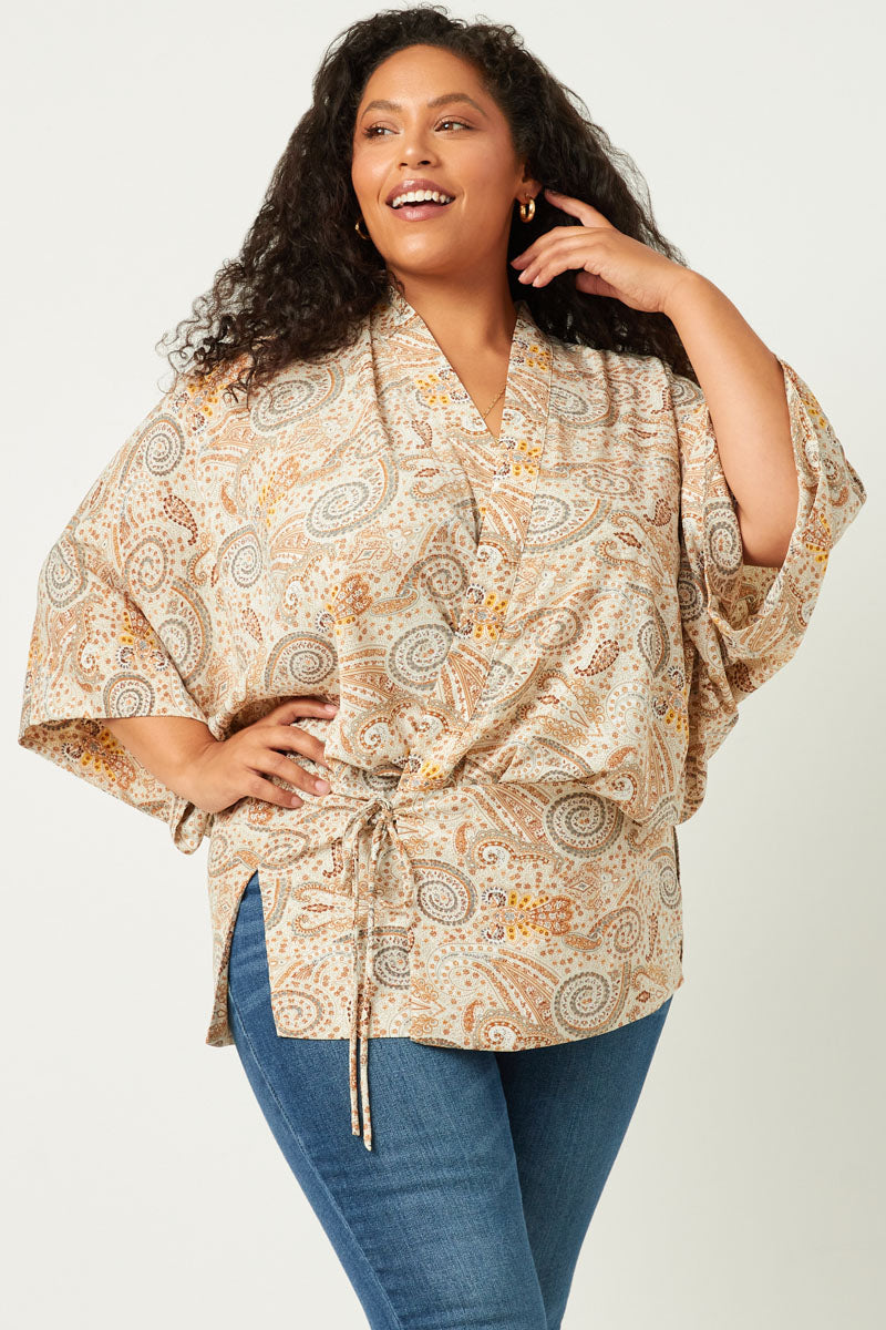 Paisley Print Cropped Sleeve Open Kimono