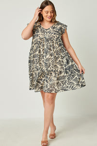 HY5572W IVORY Plus Botanical Print Ruffle Sleeveless Button Detail Dress Full Body