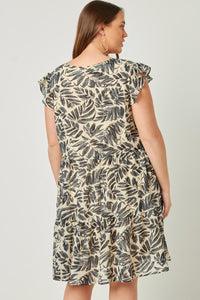 HY5572W IVORY Plus Botanical Print Ruffle Sleeveless Button Detail Dress Side