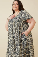 HY5583W IVORY Plus Puff Sleeve Botanical Print Square Neck Maxi Dress Detail