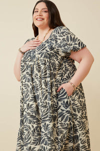 HY5583W IVORY Plus Puff Sleeve Botanical Print Square Neck Maxi Dress Detail