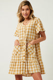 HY5588 Mustard Womens Plaid Patch Pocket Button Down Dress Front