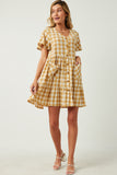 HY5588 Mustard Womens Plaid Patch Pocket Button Down Dress Side