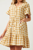 HY5588W Mustard Plus Plaid Patch Pocket Button Down Dress Editorial