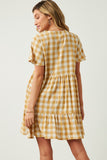 HY5588W MUSTARD Plus Plaid Patch Pocket Button Down Dress Full Body