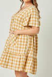 HY5588 Mustard Womens Plaid Patch Pocket Button Down Dress Full Body