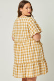 HY5588 Mustard Womens Plaid Patch Pocket Button Down Dress Detail