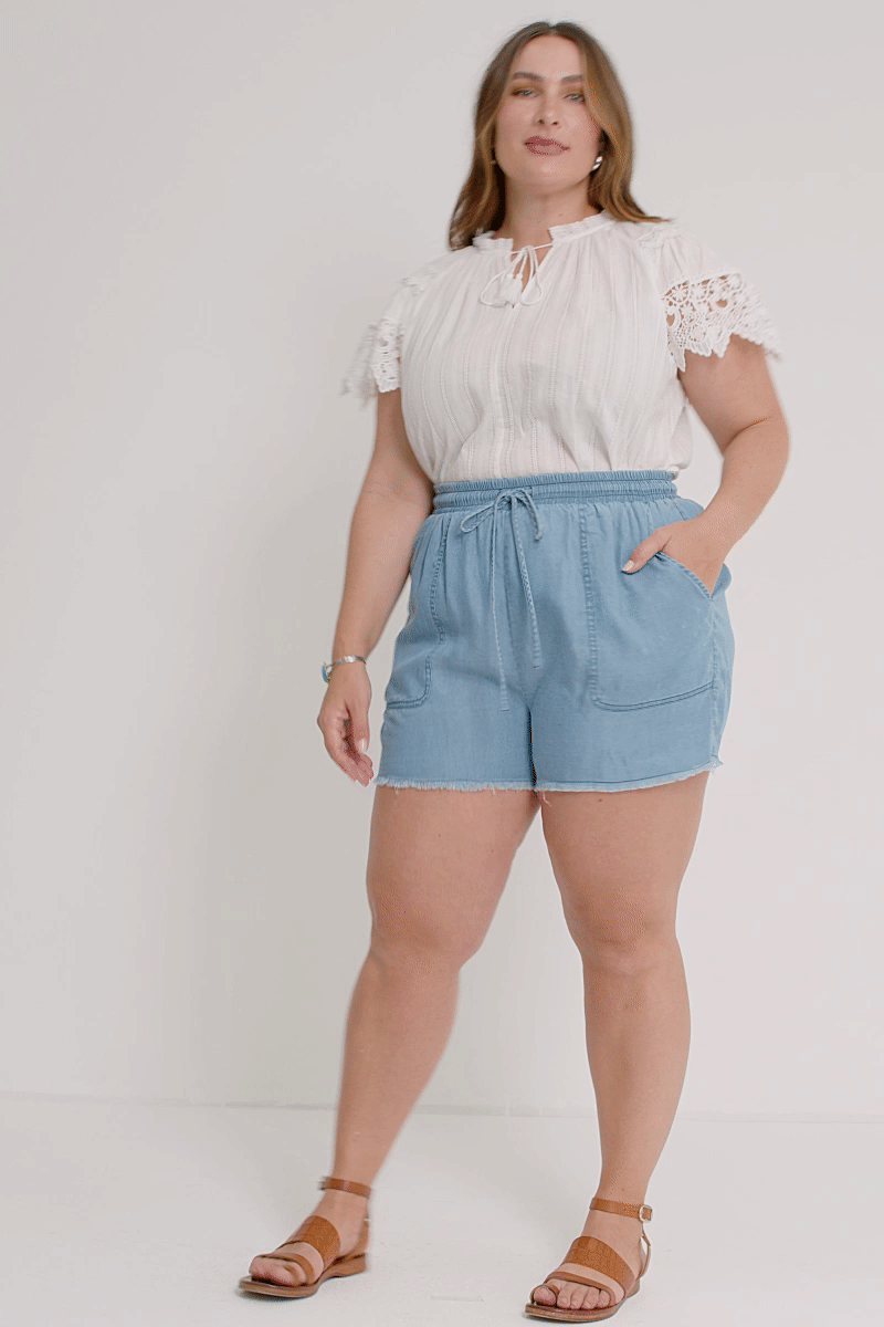 Distressed Hem Patch Pocket Shorts