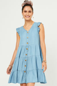 HY5607W Light Denim Plus Ruffle Button Down Tiered Dress Front